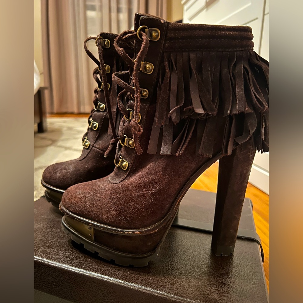 B Brian Atwood Distressed Suede Platform Boots